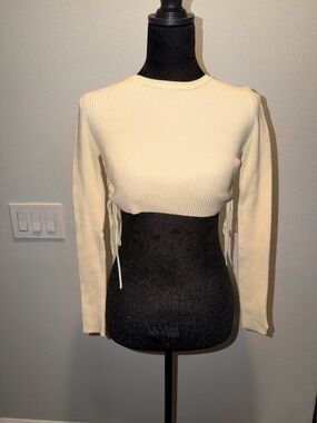 Zara Cream Ribbed Side-Tie Cropped Long-Sleeve Top